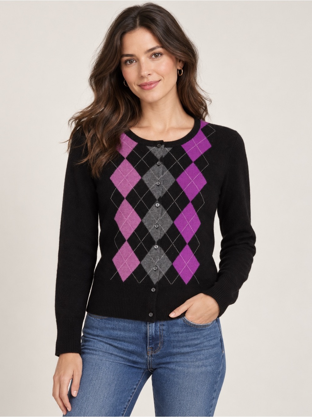APT. 9 100% Cashmere Argyle Cardigan Sweater Size M Black Purple Gray